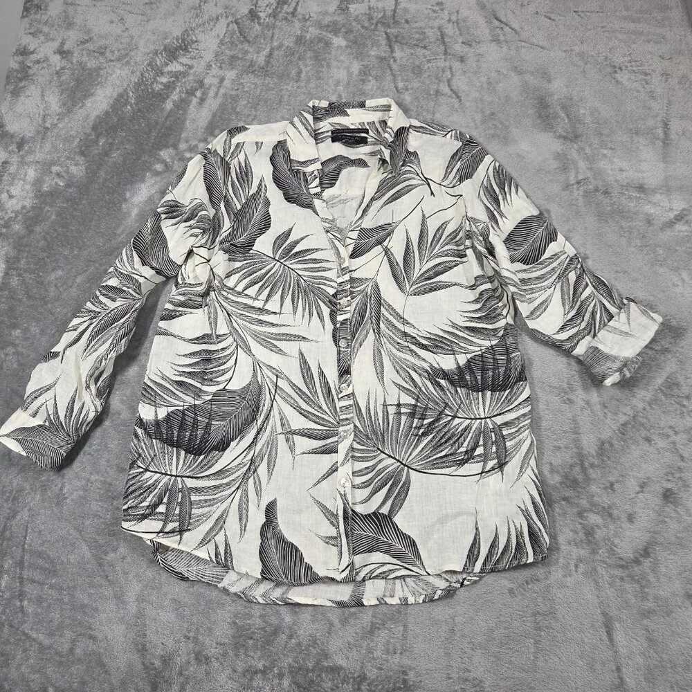 Tahari Top Womens L Cream Black Linen Roll Tab Sleeve Beach Button Up Tropical